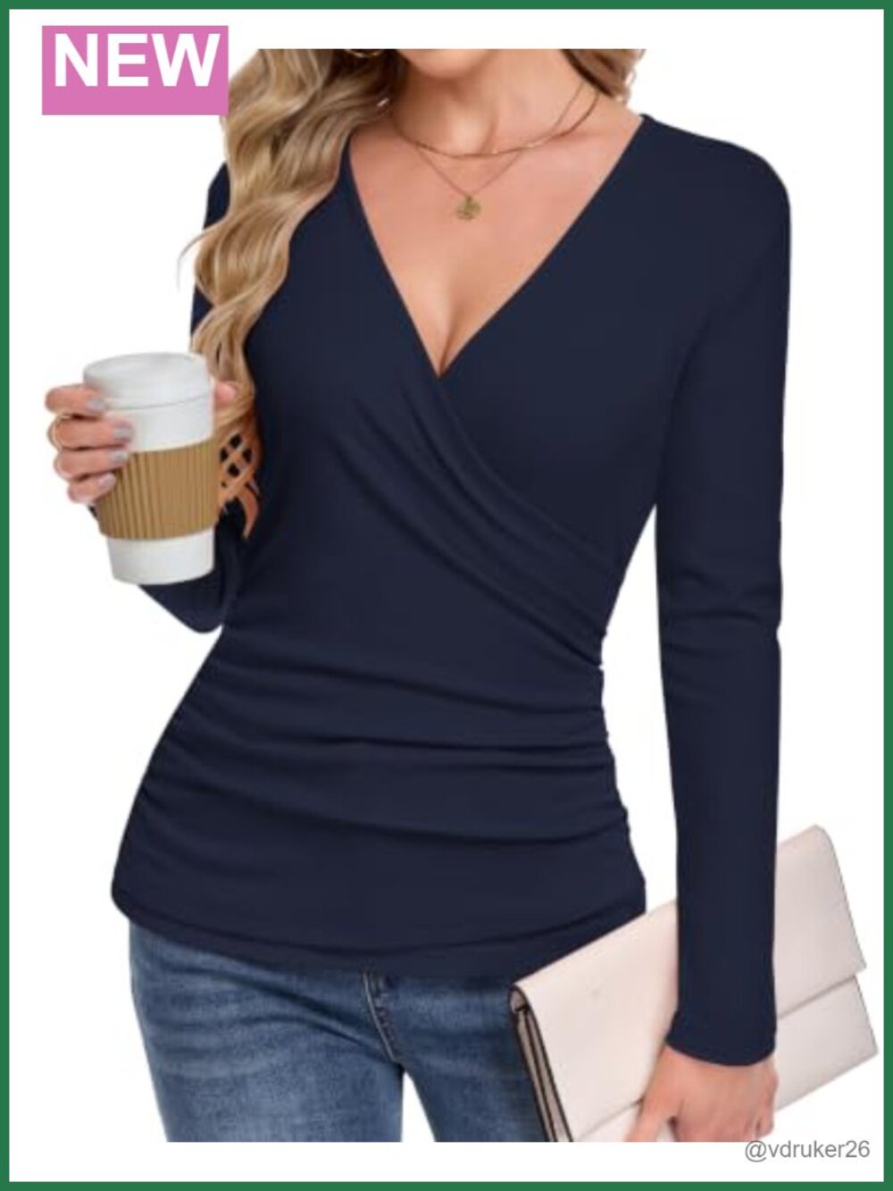 Women's Wrap Long Sleeve V Neck Ruched Slim Fit Blouse Top